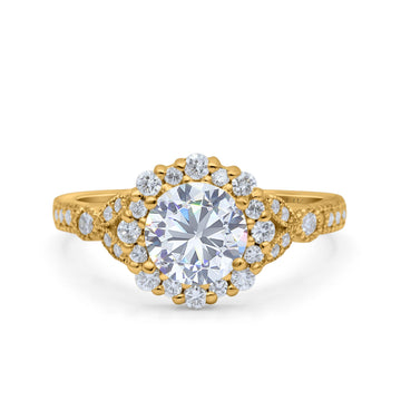 14K Yellow Gold Floral Art Deco Engagement Ring Simulated Cubic Zirconia Size-7